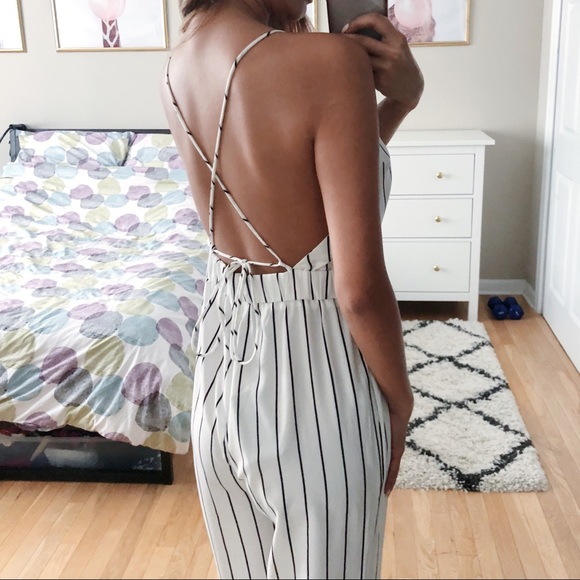 White Striped Low V Cut Halter Jumpsuit - Picture 3 of 5